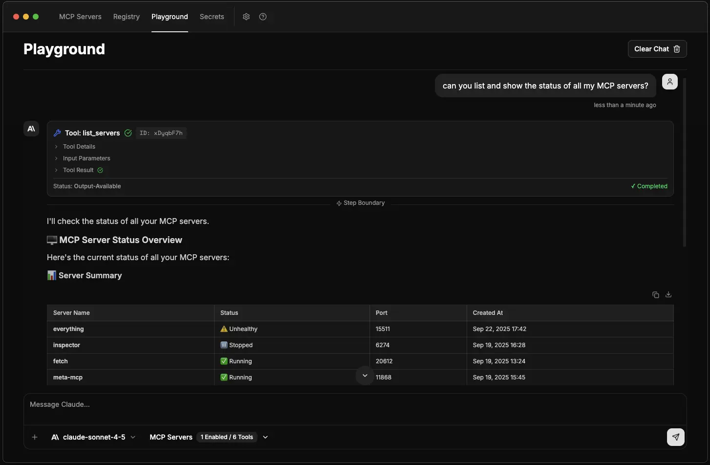 Chat response showing tool execution and results ToolHive playground showing AI response with MCP tool execution results